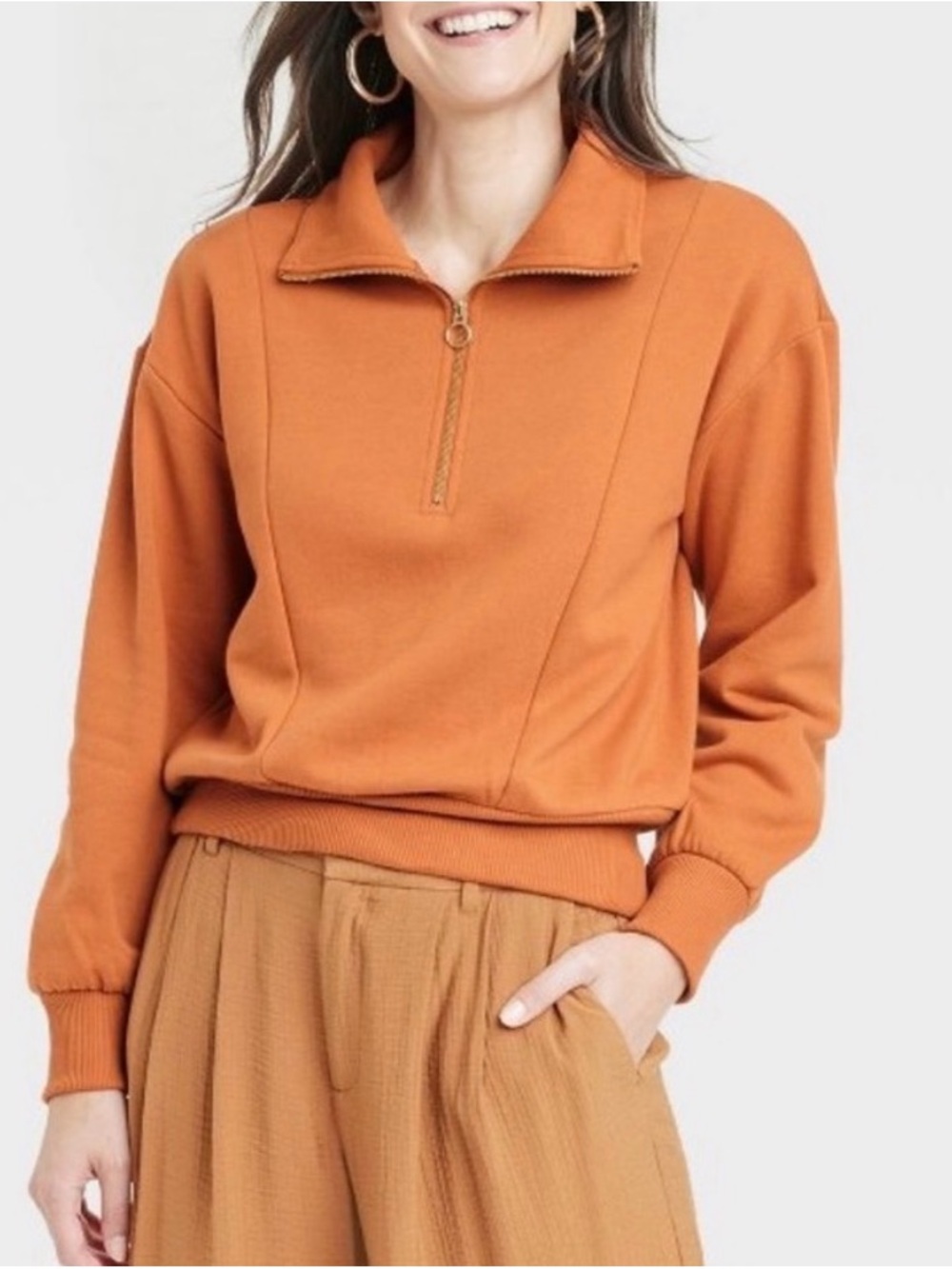 Women's Half-Zip Pullover Sweater - Rust Orange